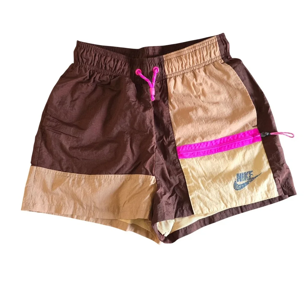 Nike Sportswear Heritage Colorblock Shorts Brown Pink CJ2284-227 Womens XS